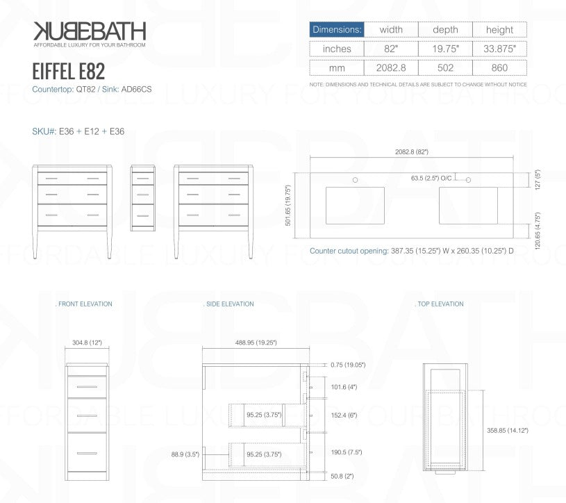 Eiffel 82″ Inch Double Sink High Gloss White Vanity W/ White Counter Top