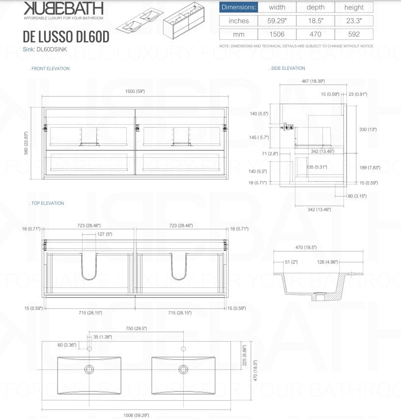 De Lusso 60″ Inch Double Sink Ash Gray Wall Mount Modern Bathroom Vanity