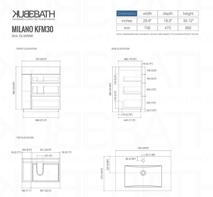 Milano 30″ Inch Gloss White Floor Mount Modern Bathroom Vanity