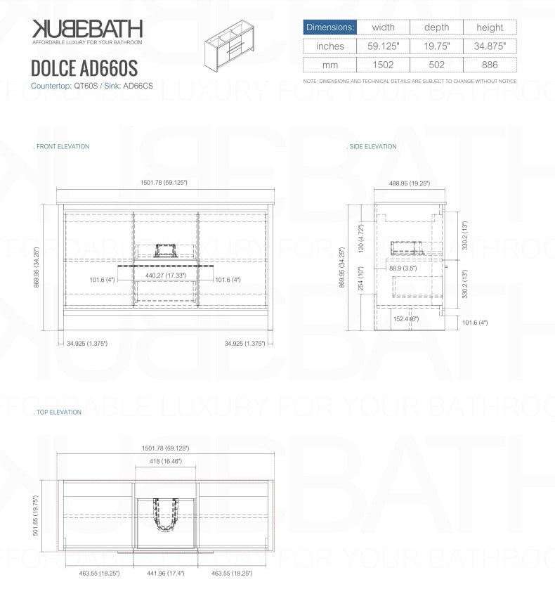 Kubebath Dolce 60″ Inch High Gloss White Modern Bathroom Vanity With Quartz Countertop