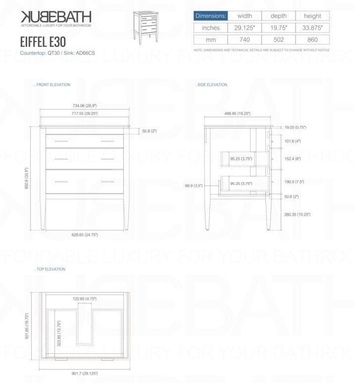 Eiffel 30” Inch High Gloss White Vanity W/ White Countertop
