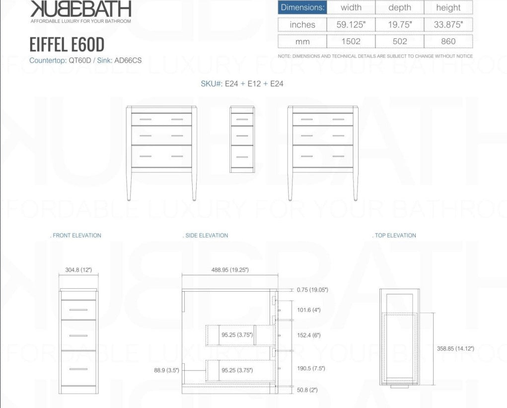 Eiffel 60″ Inch Double Sink High Gloss White Vanity W/ White Counter Top