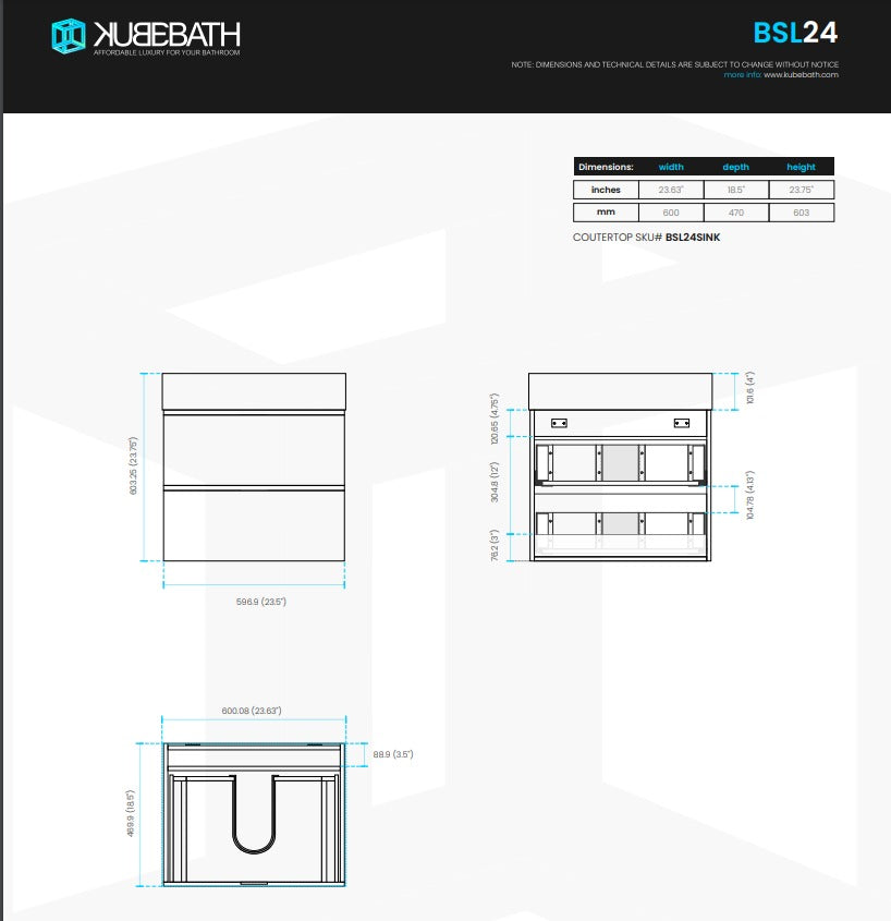 Bliss 24″ Inch High Gloss White Wall Mount Modern Bathroom Vanity