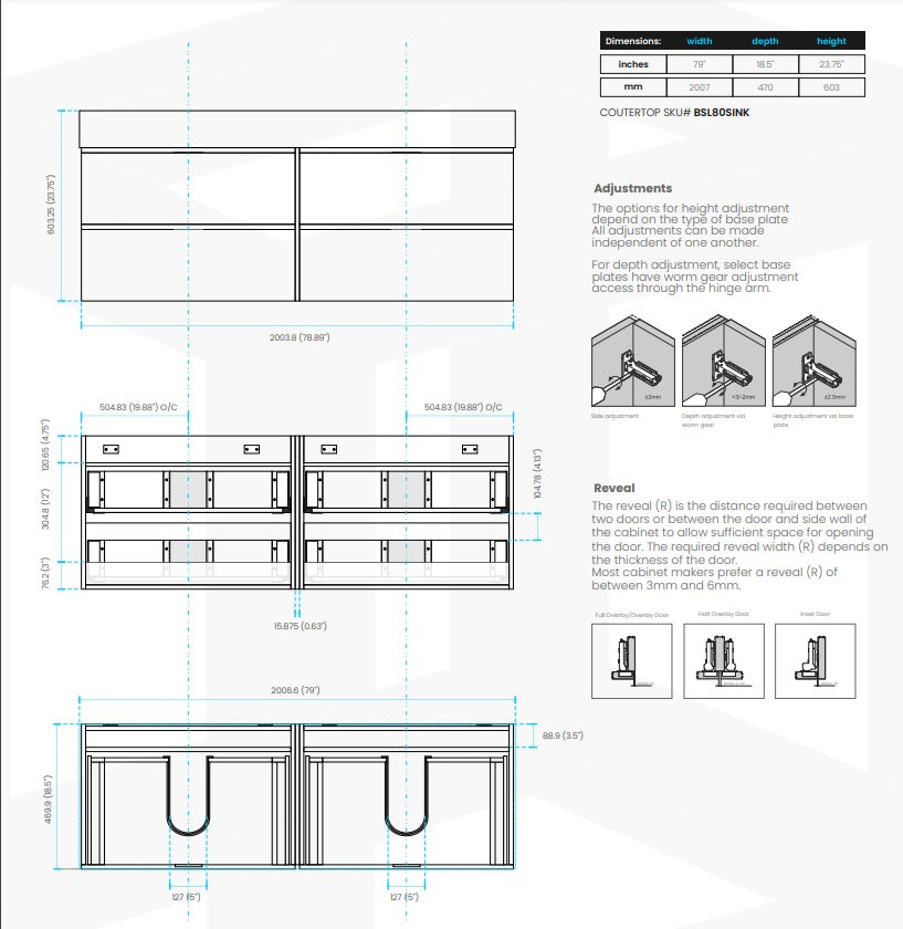 Bliss 80″ Inch Black Wall Mount Double Sink Modern Bathroom Vanity