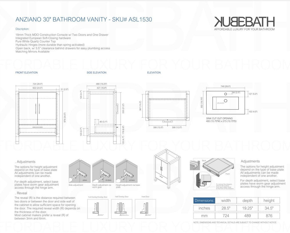 Anziano 30″ Inch High Gloss White Vanity W/ White Countertop And Undermount Sink
