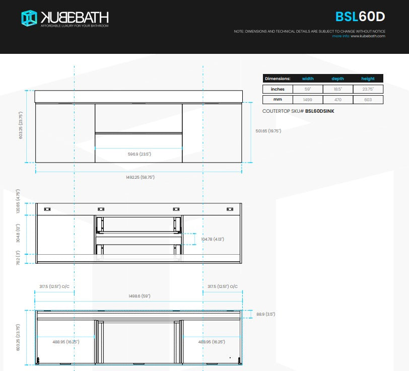 Bliss 60″ Inch Gray Oak Wall Mount Double Sink Modern Bathroom Vanity