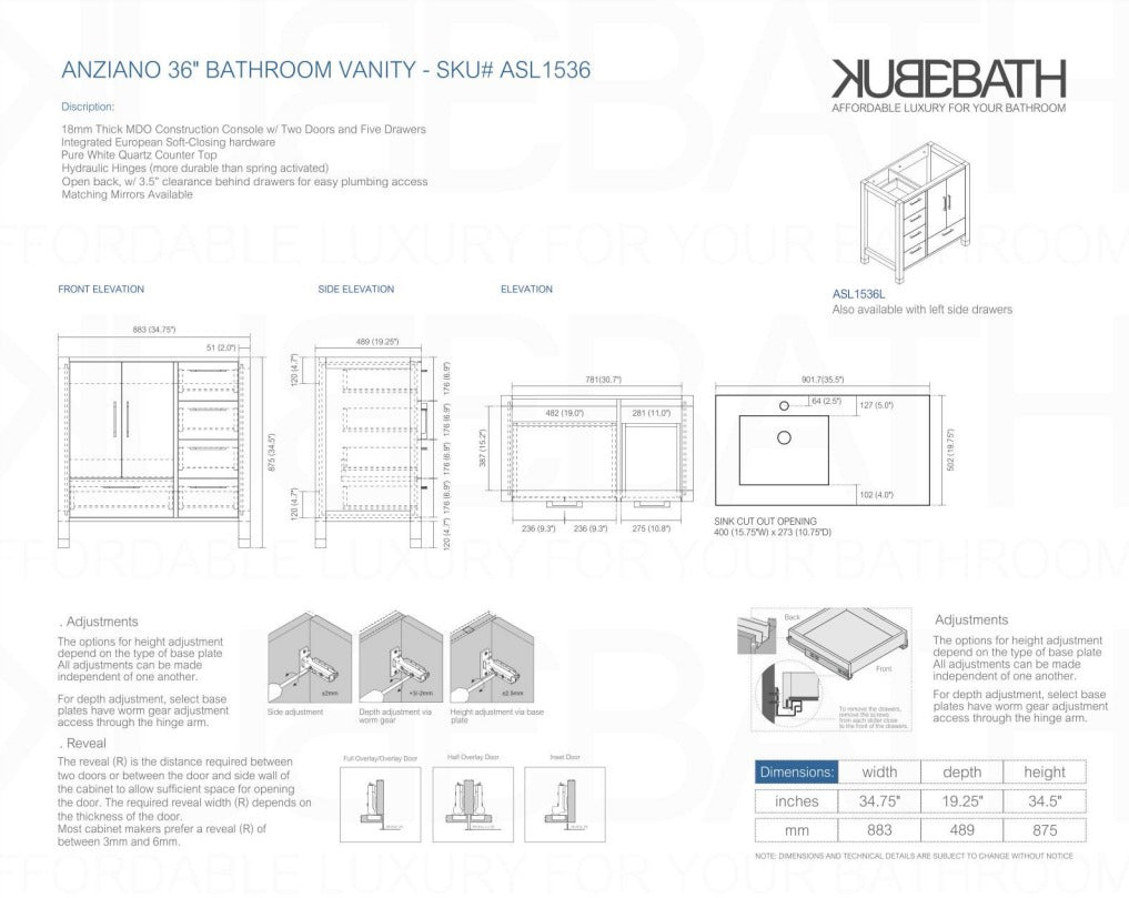 Anziano 36″ Inch High Gloss White Vanity W/ White Countertop – Right Side Drawers