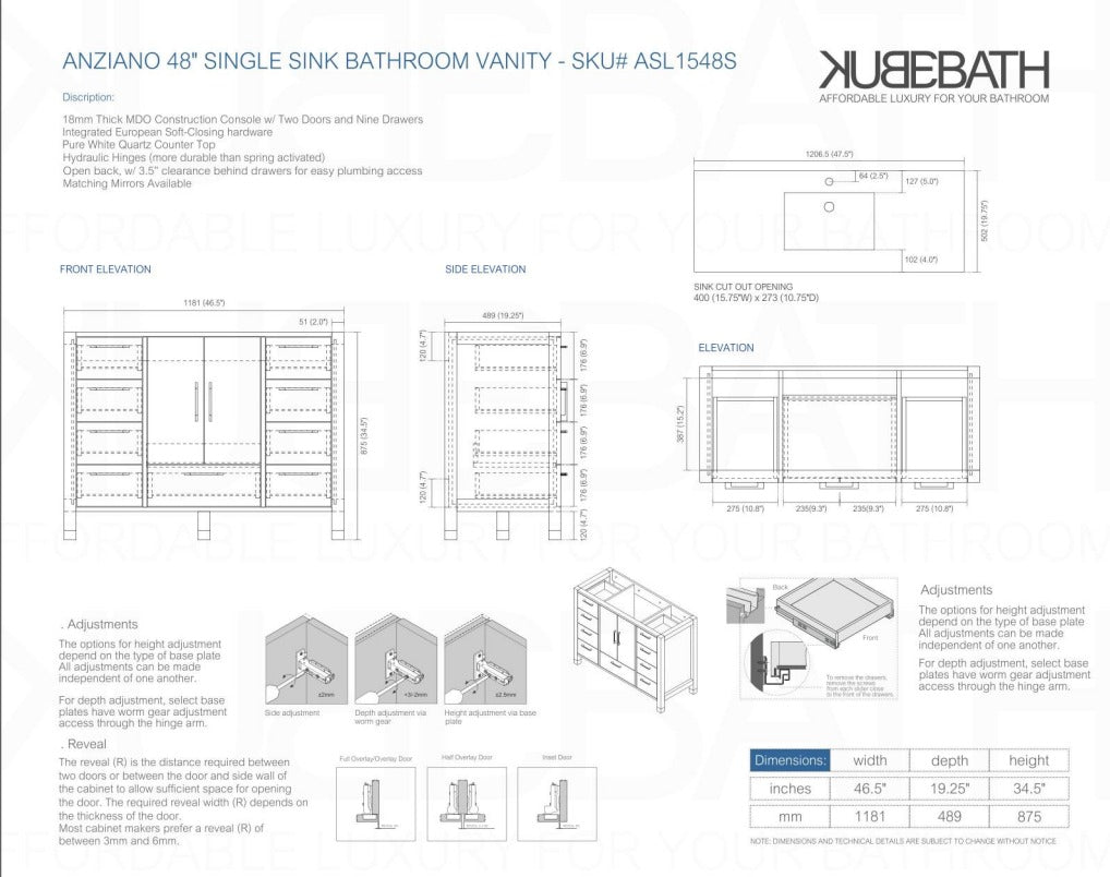 Anziano 48″ Inch High Gloss White Single Sink Vanity W/ White Countertop
