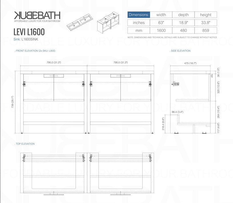 Levi 63″ Inch Butternut Double Sink Modern Bathroom Vanity W/ Cubby Hole