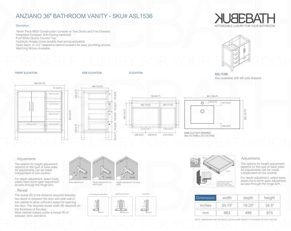Anziano 36′′ Inch High Gloss White Vanity W/ White Countertop – Left Side Drawers