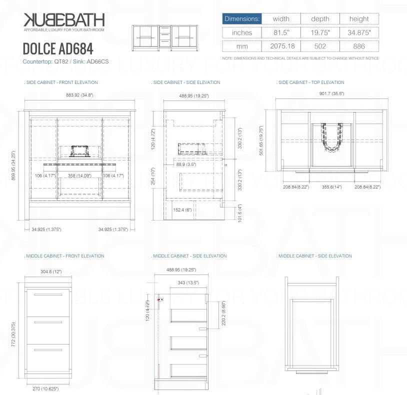 Kubebath Dolce 84″ Inch Navy Blue Modern Bathroom Vanity With Quartz Countertop