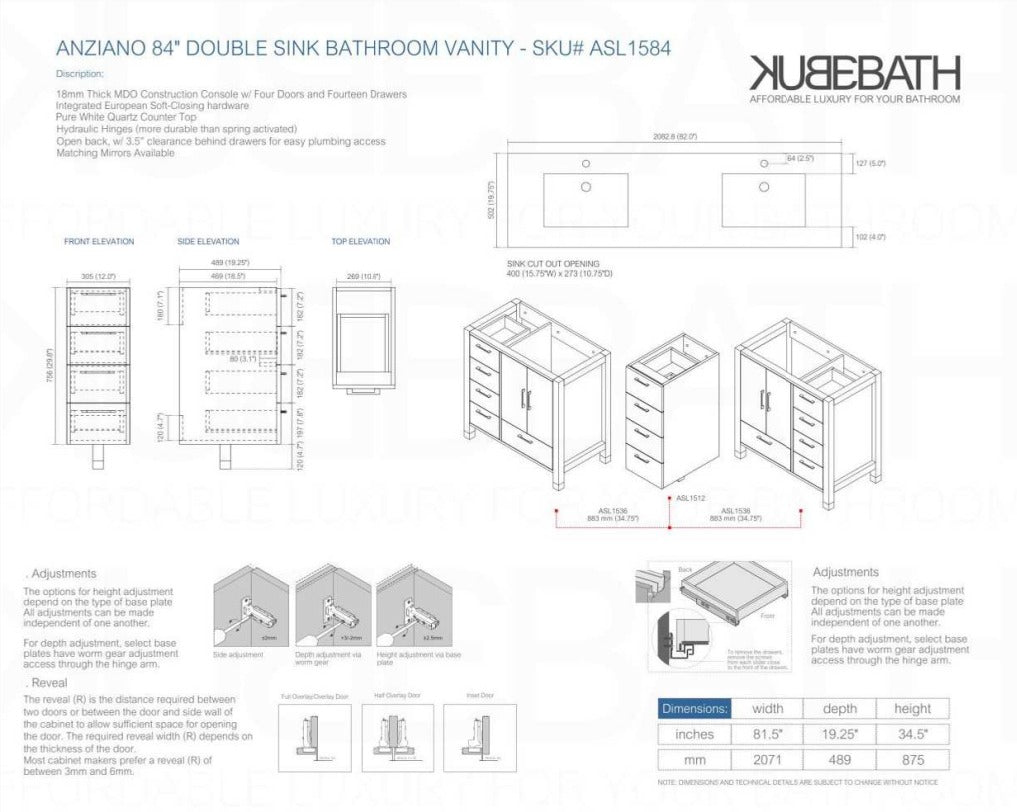 Anziano 84″ High Gloss White Double Sink Vanity w/ White Countertop