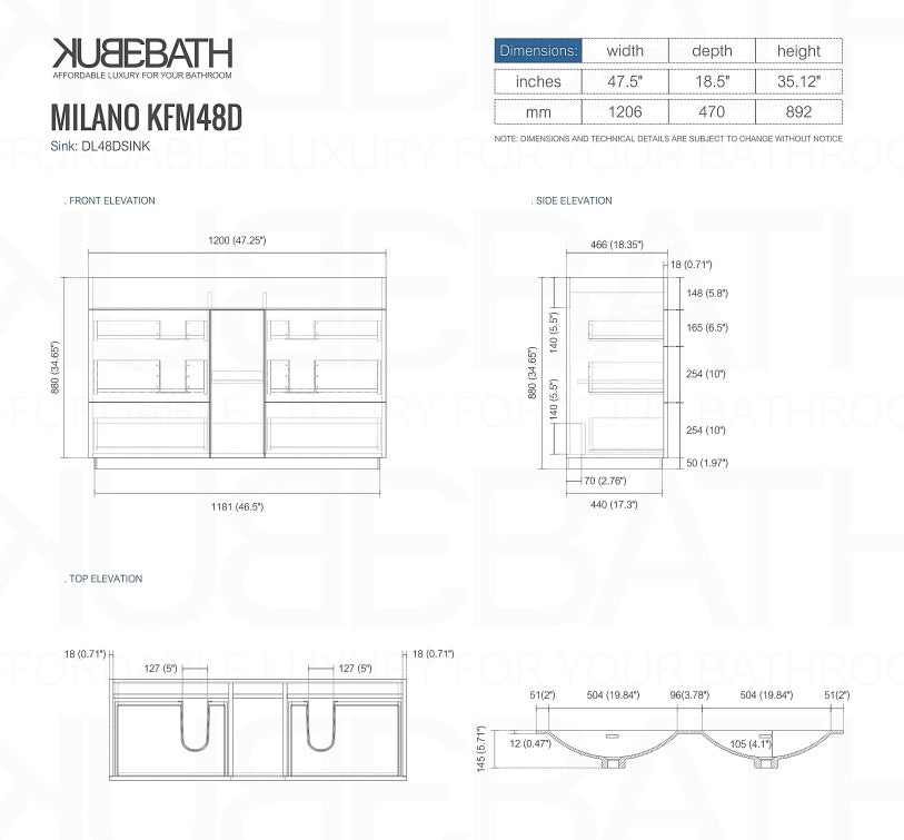 Milano 48″ Inch Double Sink High Gloss White Floor Mount Modern Bathroom Vanity