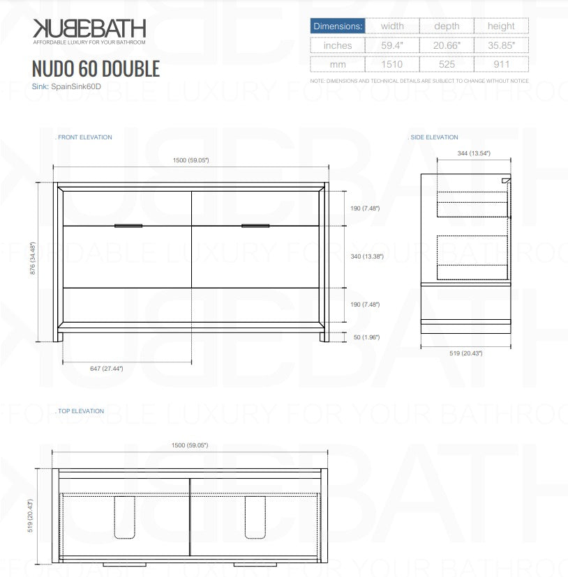 60″ Inch Double Sink Nudo Kubebath Modern Bathroom Vanity In High Gloss White Finish