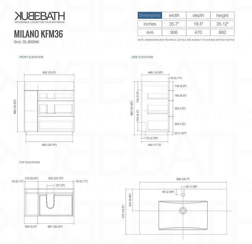 Milano 36″ Inch Gloss White Floor Mount Modern Bathroom Vanity