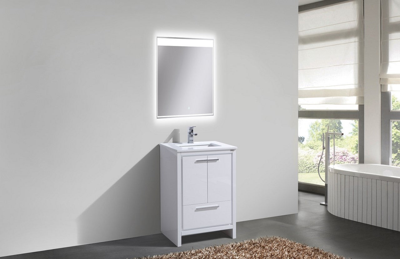 Kubebath Dolce 24″ Inch High Gloss White Modern Bathroom Vanity With Quartz Countertop