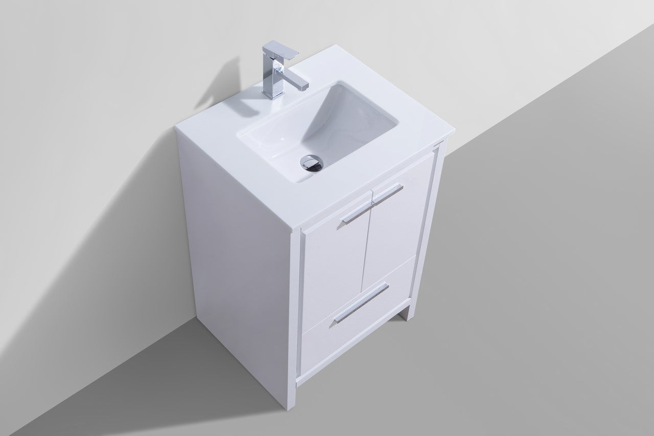 Kubebath Dolce 24″ Inch High Gloss White Modern Bathroom Vanity With Quartz Countertop