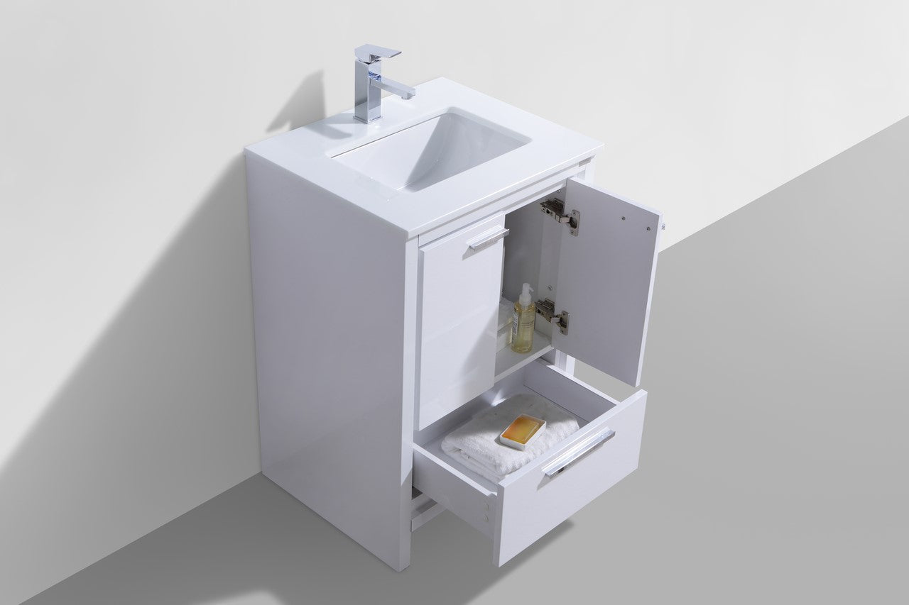 Kubebath Dolce 24″ Inch High Gloss White Modern Bathroom Vanity With Quartz Countertop