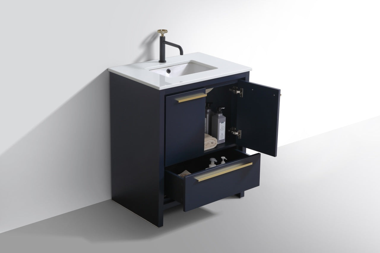 Kubebath Dolce 30″ Inch Navy Blue Modern Bathroom Vanity With Quartz Countertop