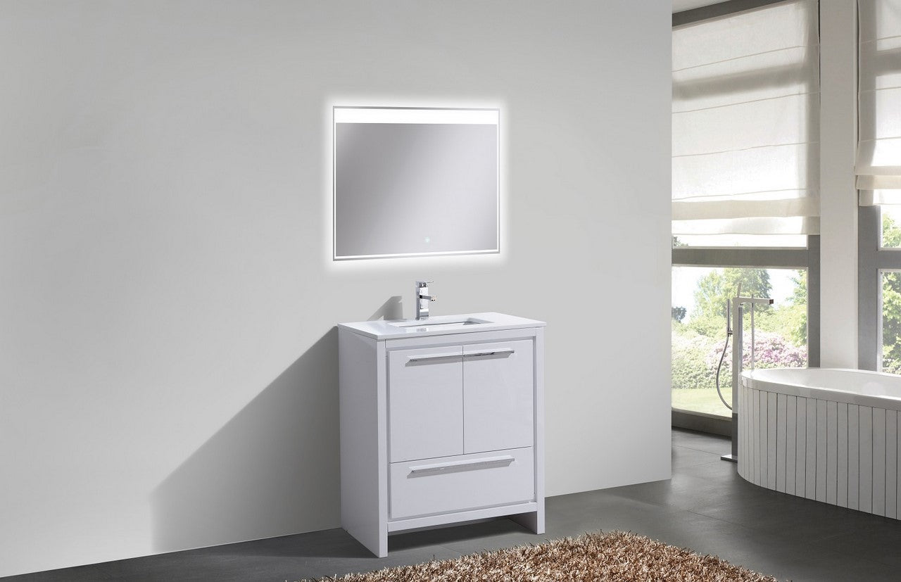 Kubebath Dolce 30″ Inch High Gloss White Modern Bathroom Vanity With Quartz Countertop