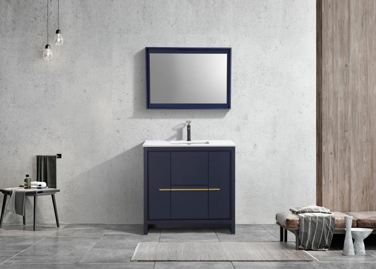 Kubebath Dolce 36″ Inch Navy Blue Modern Bathroom Vanity With Quartz Countertop