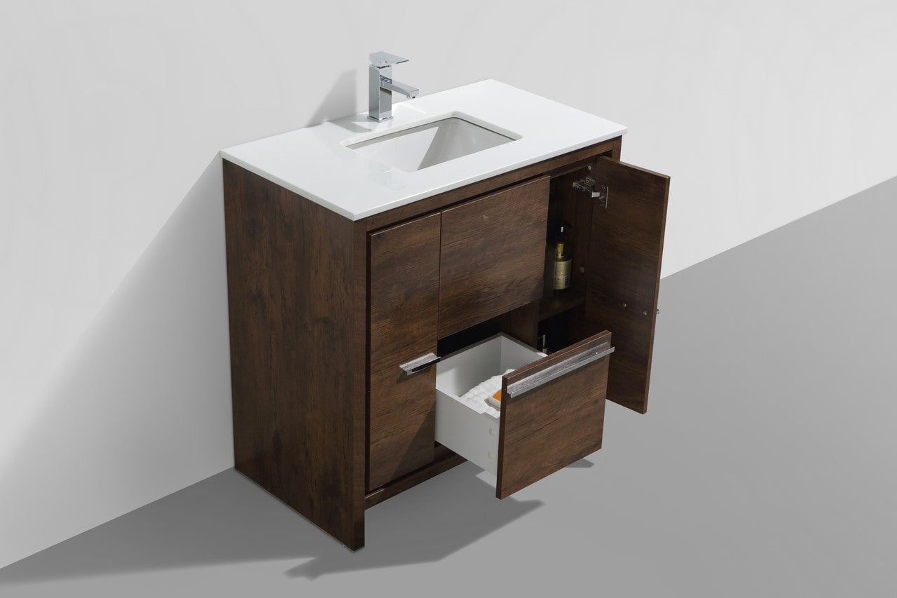 Kubebath Dolce 36″ Inch Rose Wood Modern Bathroom Vanity With Quartz Countertop