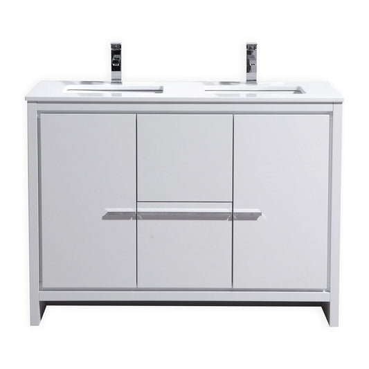 Kubebath Dolce 48″ Inch Double Sink High Gloss White Modern Bathroom Vanity With Quartz Countertop