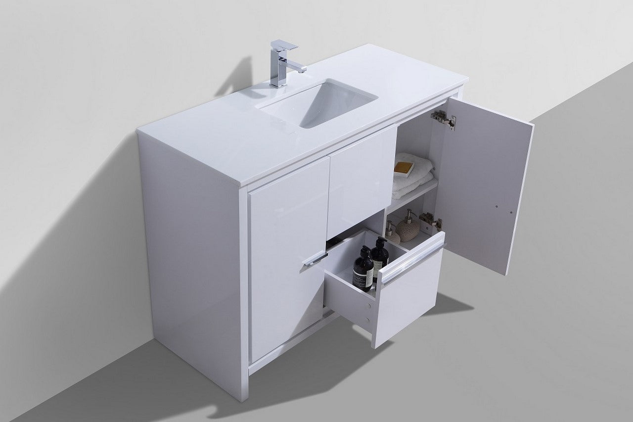 Kubebath Dolce 48″ Inch High Gloss White Modern Bathroom Vanity With Quartz Countertop