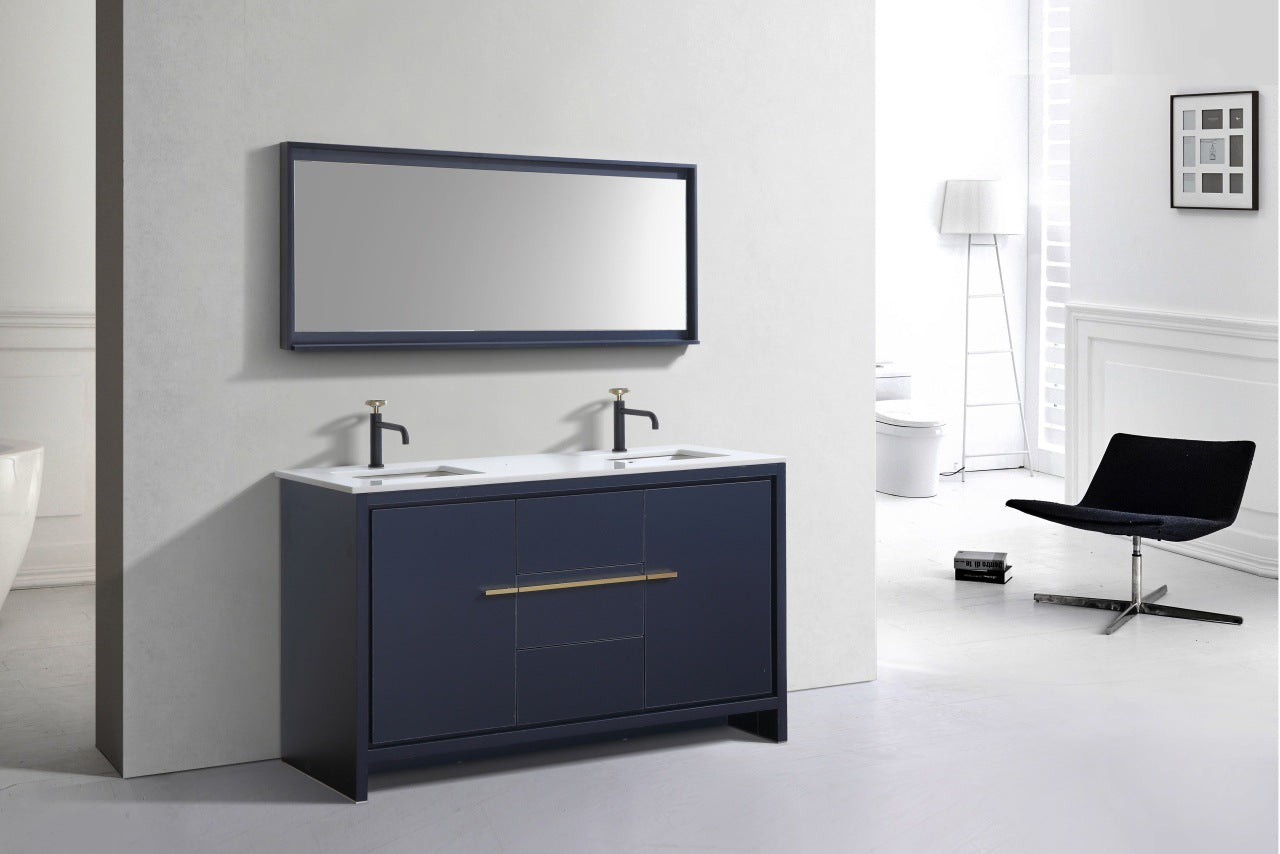Kubebath Dolce 60″ Inch Double Sink Navy Blue Modern Bathroom Vanity With Quartz Countertop