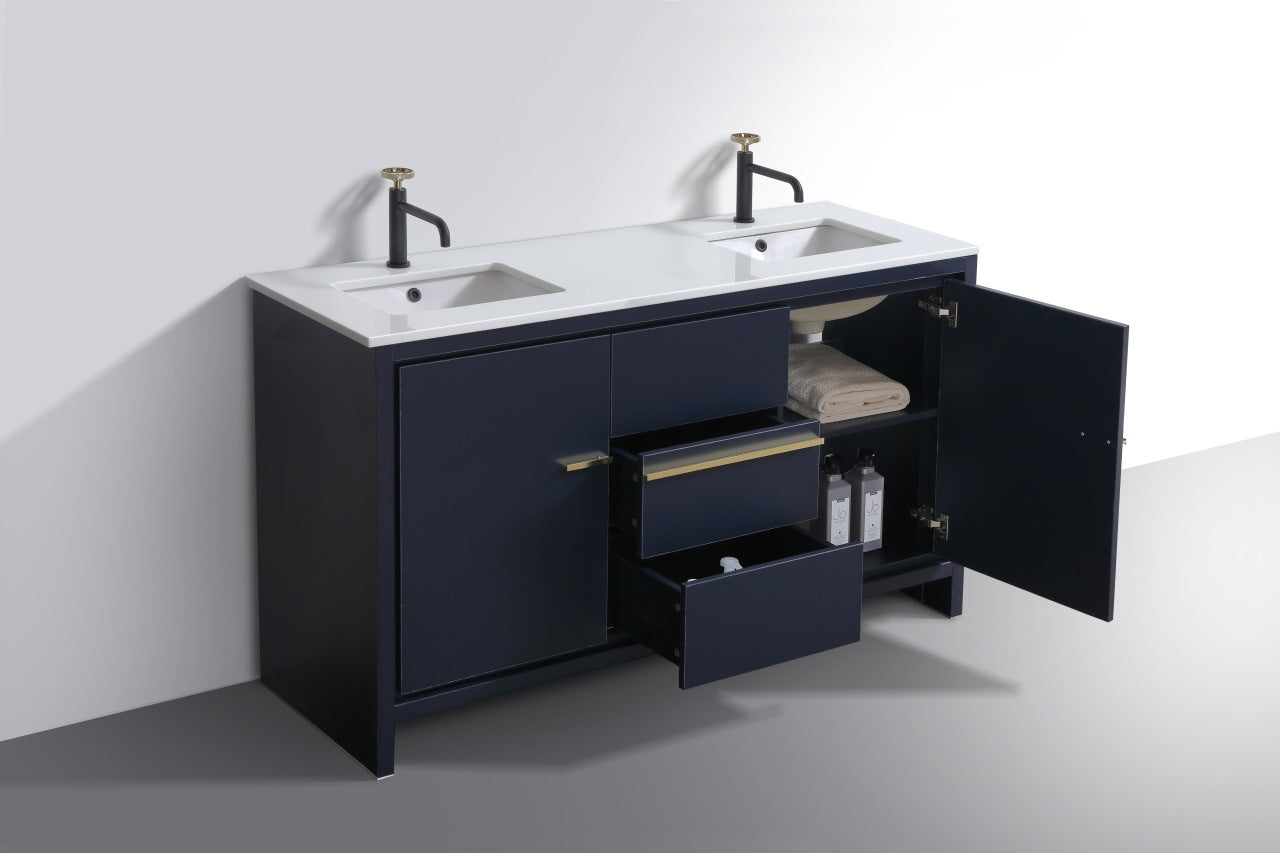 Kubebath Dolce 60″ Inch Double Sink Navy Blue Modern Bathroom Vanity With Quartz Countertop