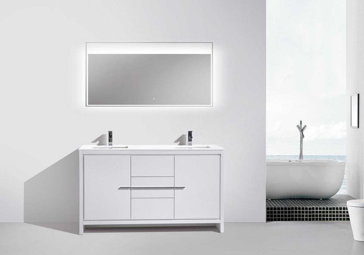 Kubebath Dolce 60″ Inch Double Sink High Gloss White Modern Bathroom Vanity With Quartz Countertop