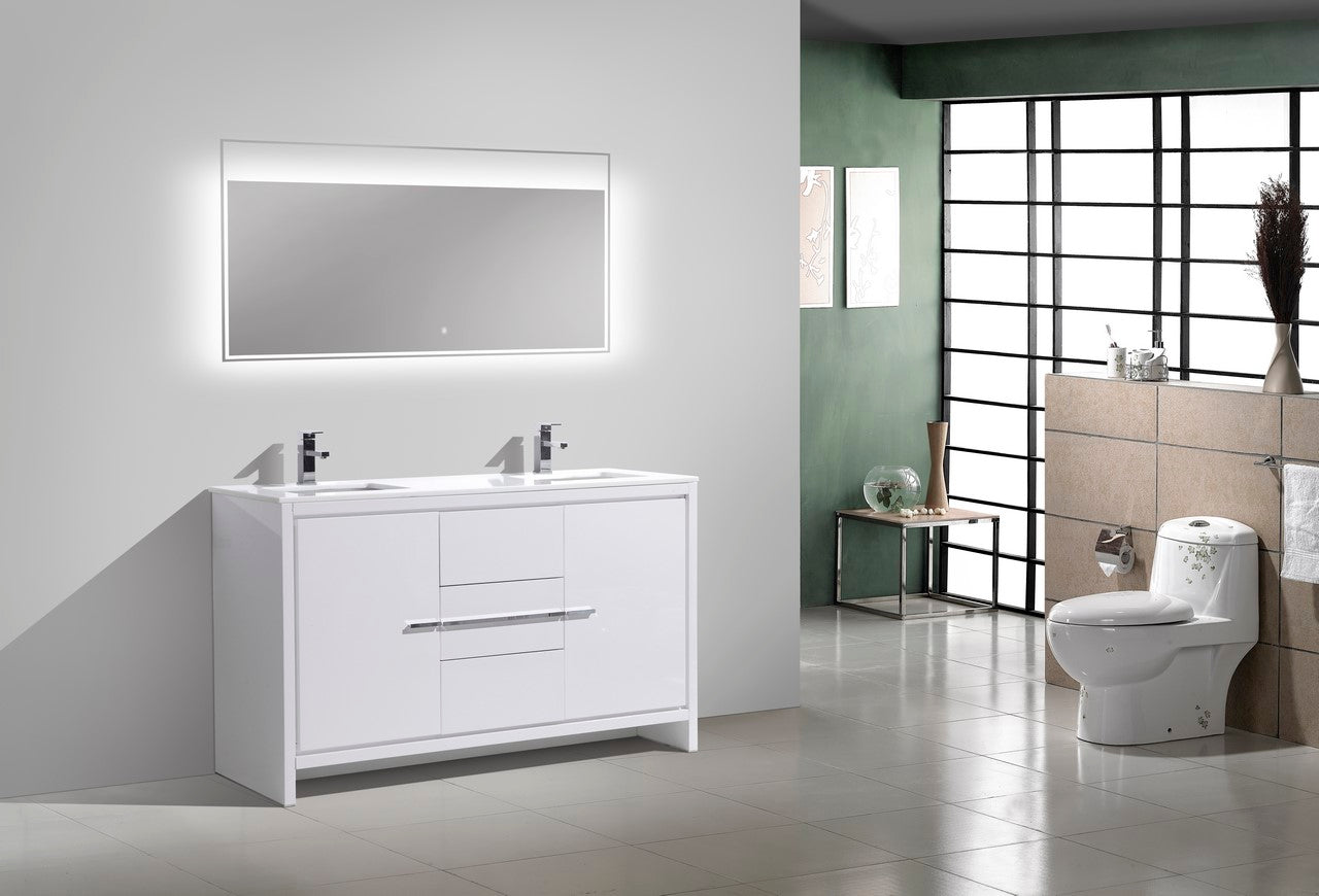 Kubebath Dolce 60″ Inch Double Sink High Gloss White Modern Bathroom Vanity With Quartz Countertop