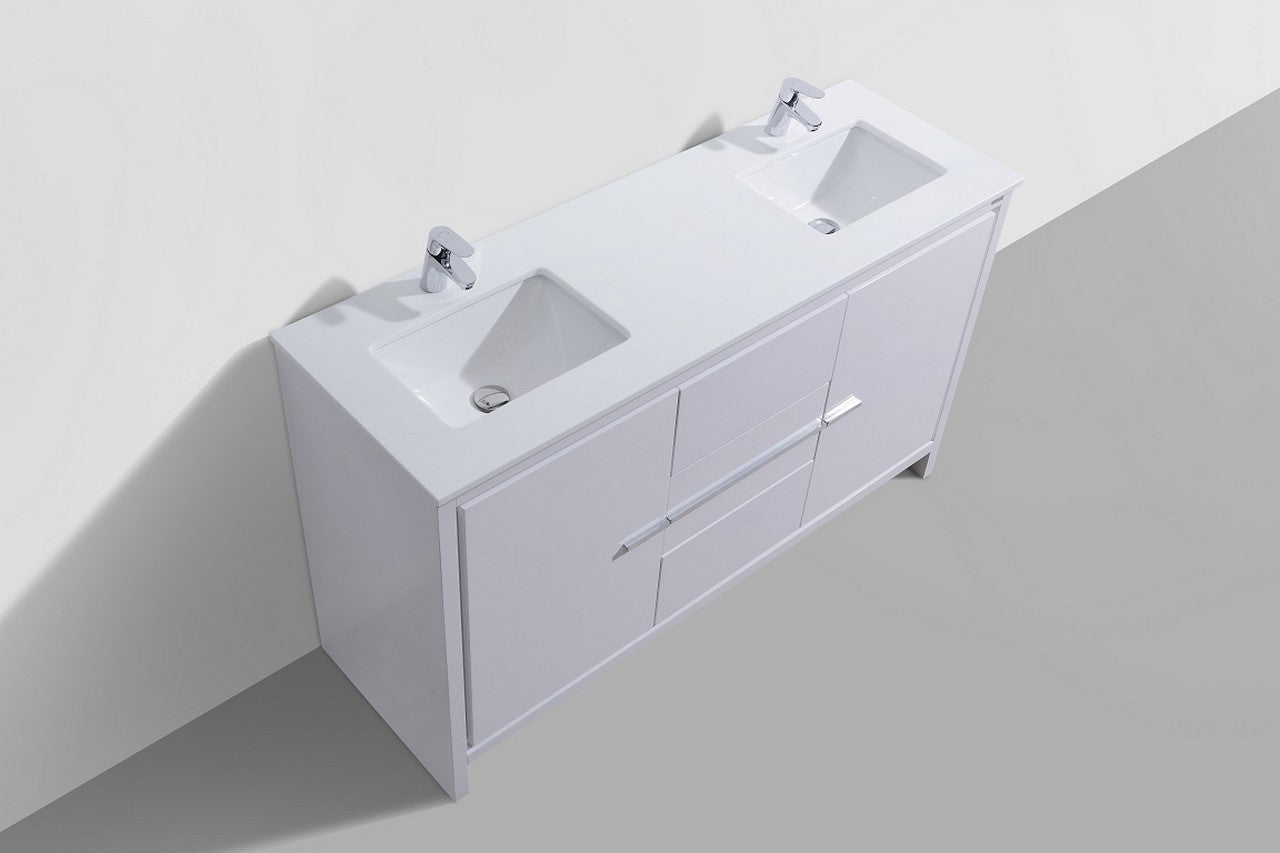 Kubebath Dolce 60″ Inch Double Sink High Gloss White Modern Bathroom Vanity With Quartz Countertop