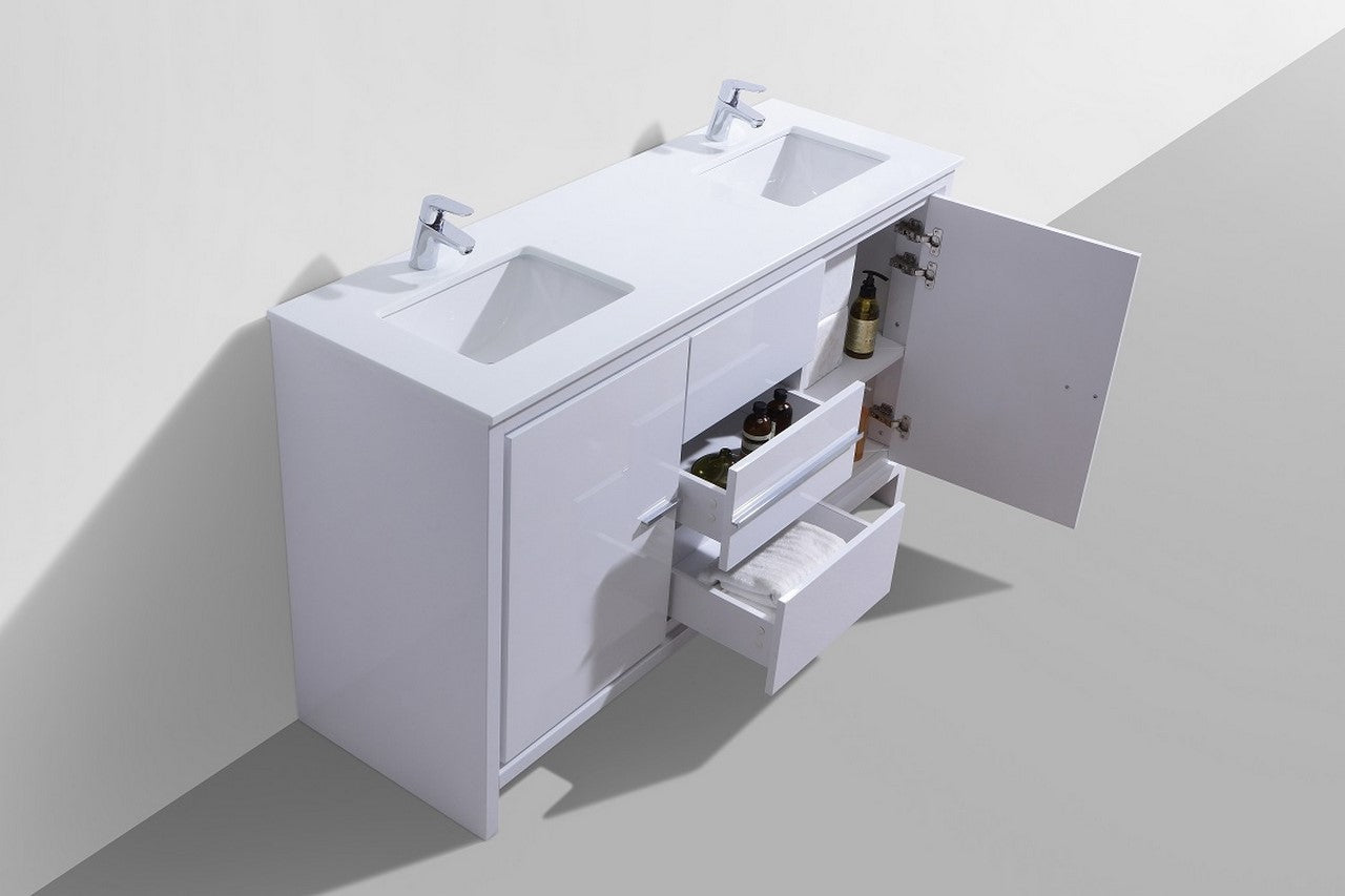 Kubebath Dolce 60″ Inch Double Sink High Gloss White Modern Bathroom Vanity With Quartz Countertop