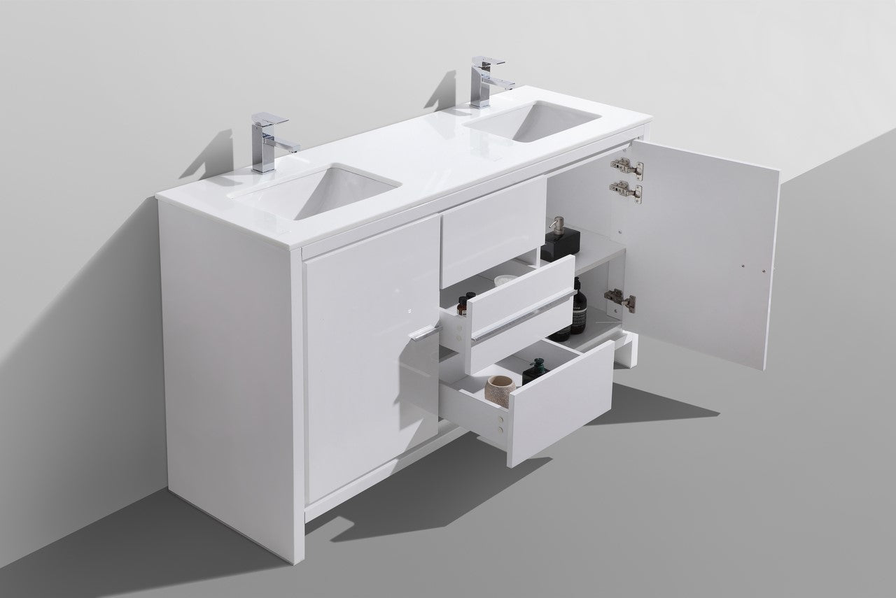 Kubebath Dolce 60″ Inch Double Sink High Gloss White Modern Bathroom Vanity With Quartz Countertop