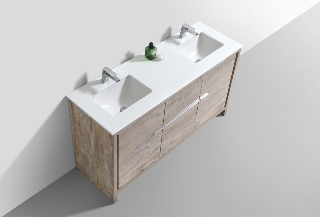 Kubebath Dolce 60″ Inch Double Sink Nature Wood Modern Bathroom Vanity With Quartz Countertop
