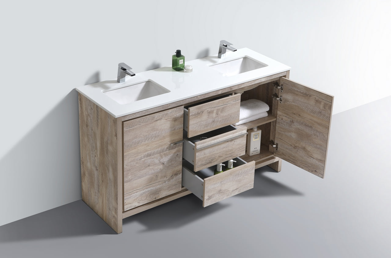 Kubebath Dolce 60″ Inch Double Sink Nature Wood Modern Bathroom Vanity With Quartz Countertop