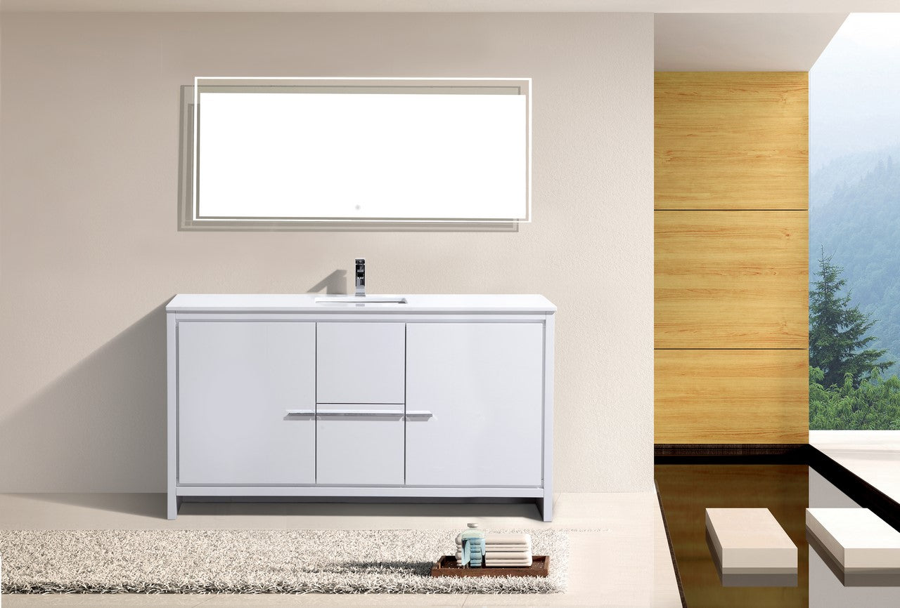 Kubebath Dolce 60″ Inch High Gloss White Modern Bathroom Vanity With Quartz Countertop