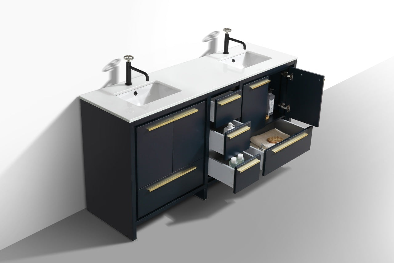 Kubebath Dolce 72″ Inch Navy Blue Modern Bathroom Vanity With Quartz Countertop
