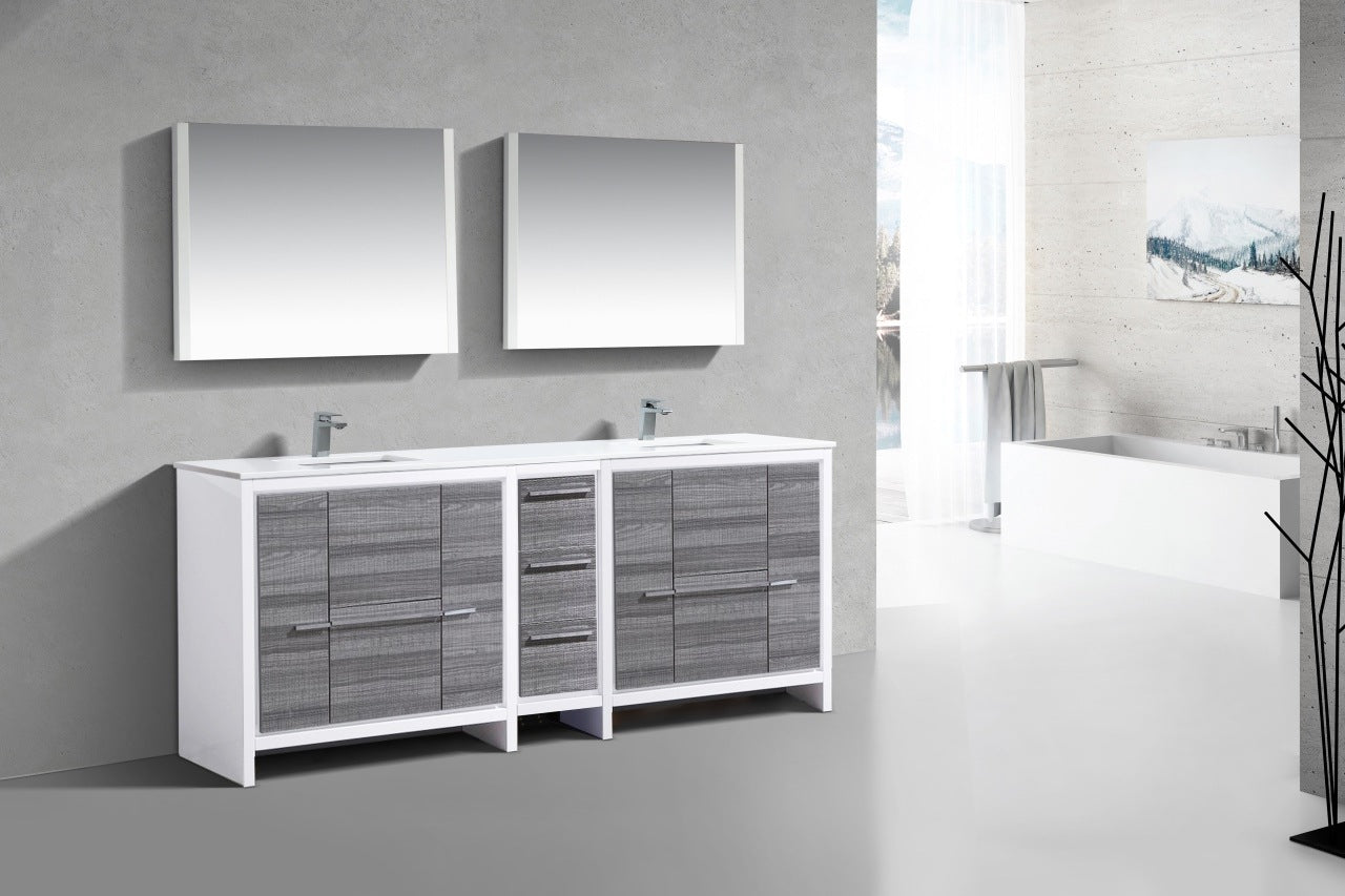 Kubebath Dolce 84″ Inch Double Sink Gloss Ash Gray Modern Bathroom Vanity With Quartz Countertop
