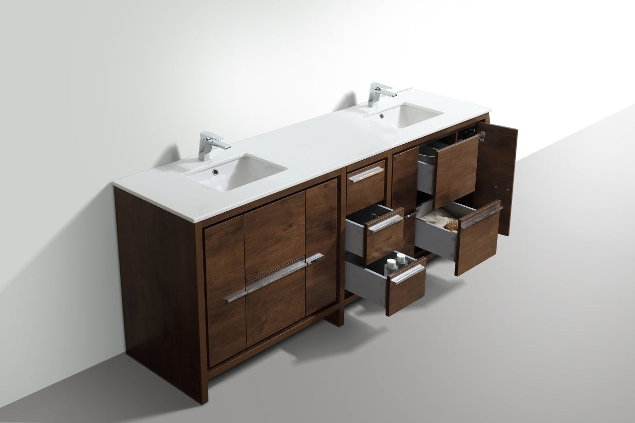 Kubebath Dolce 84″ Inch Rose Wood Modern Bathroom Vanity With Quartz Countertop