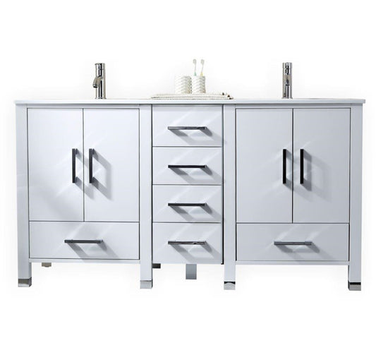 Anziano 72″ Inch High Gloss White Double Sink Vanity W/ White Countertop