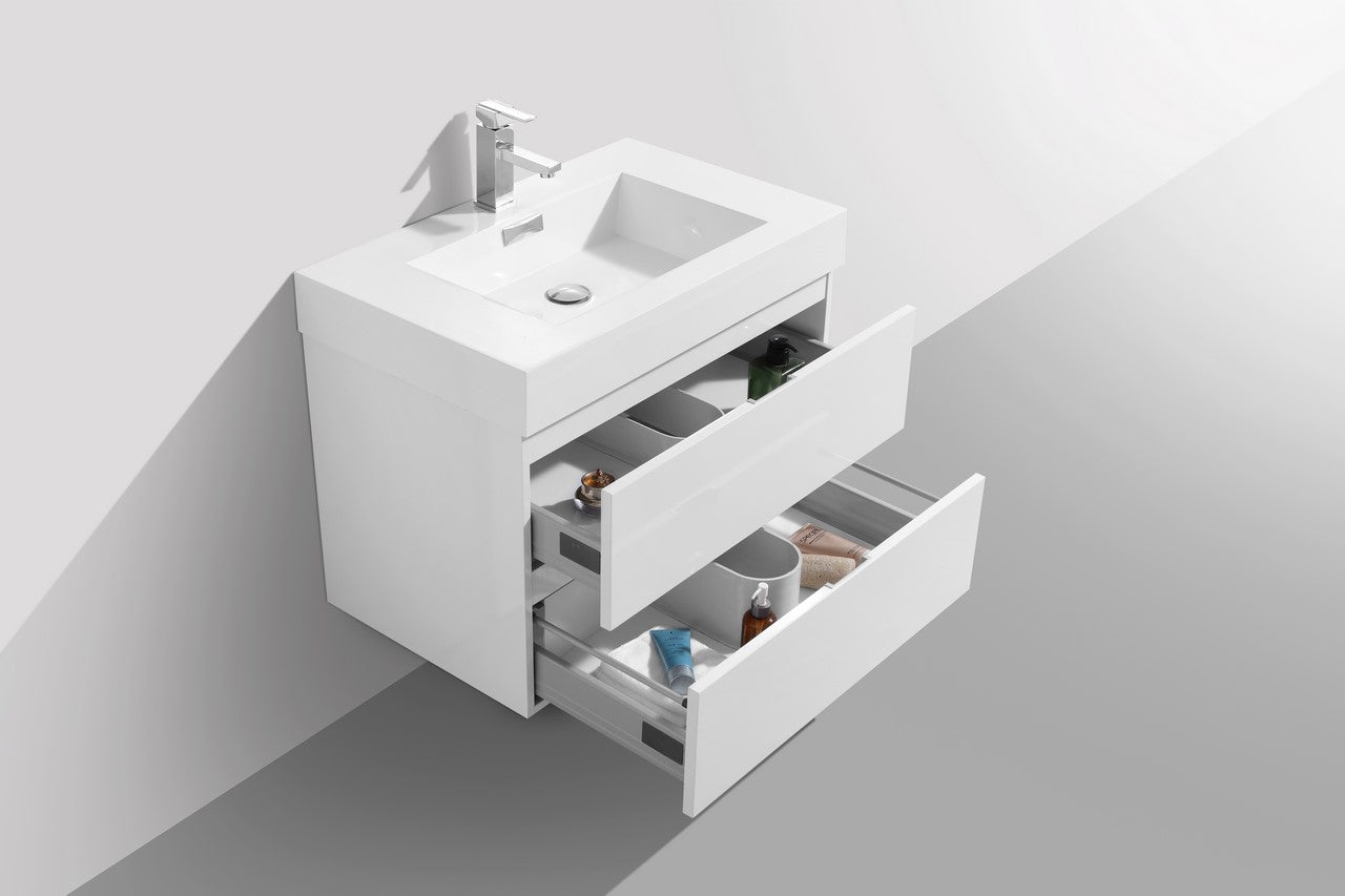 Bliss 30″ Inch High Gloss White Wall Mount Modern Bathroom Vanity