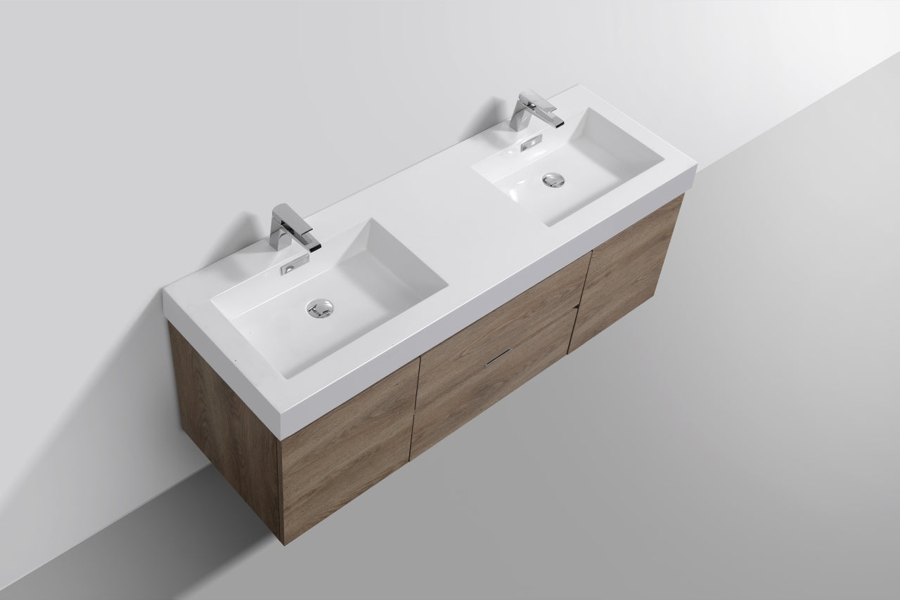 Bliss 60″ Inch Butternut Wall Mount Double Sink Modern Bathroom Vanity