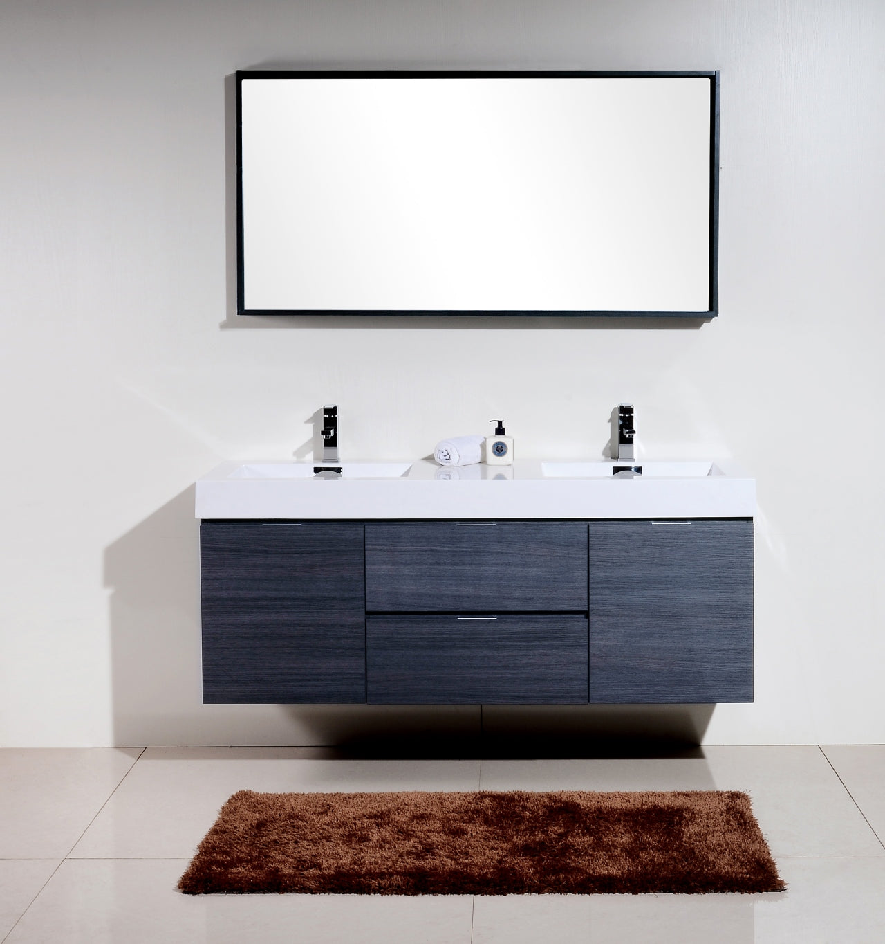 Bliss 60″ Inch Gray Oak Wall Mount Double Sink Modern Bathroom Vanity