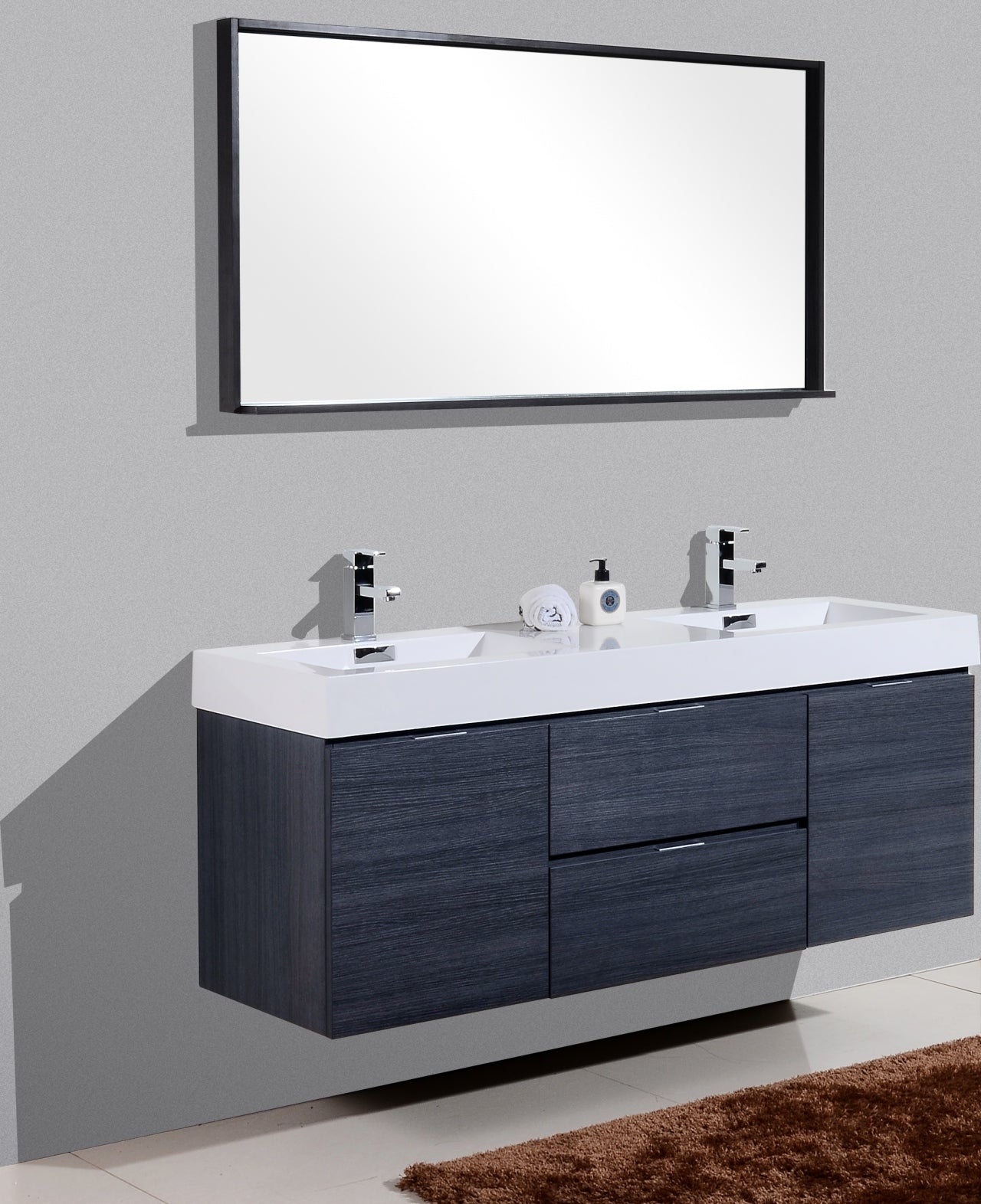 Bliss 60″ Inch Gray Oak Wall Mount Double Sink Modern Bathroom Vanity