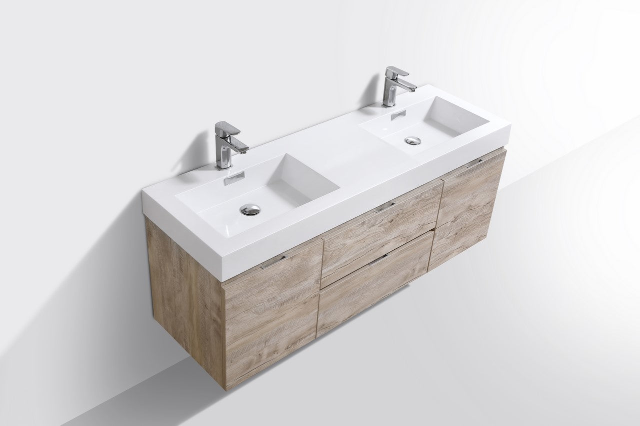 Bliss 60″ Inch Nature Wood Wall Mount Double Sink Modern Bathroom Vanity