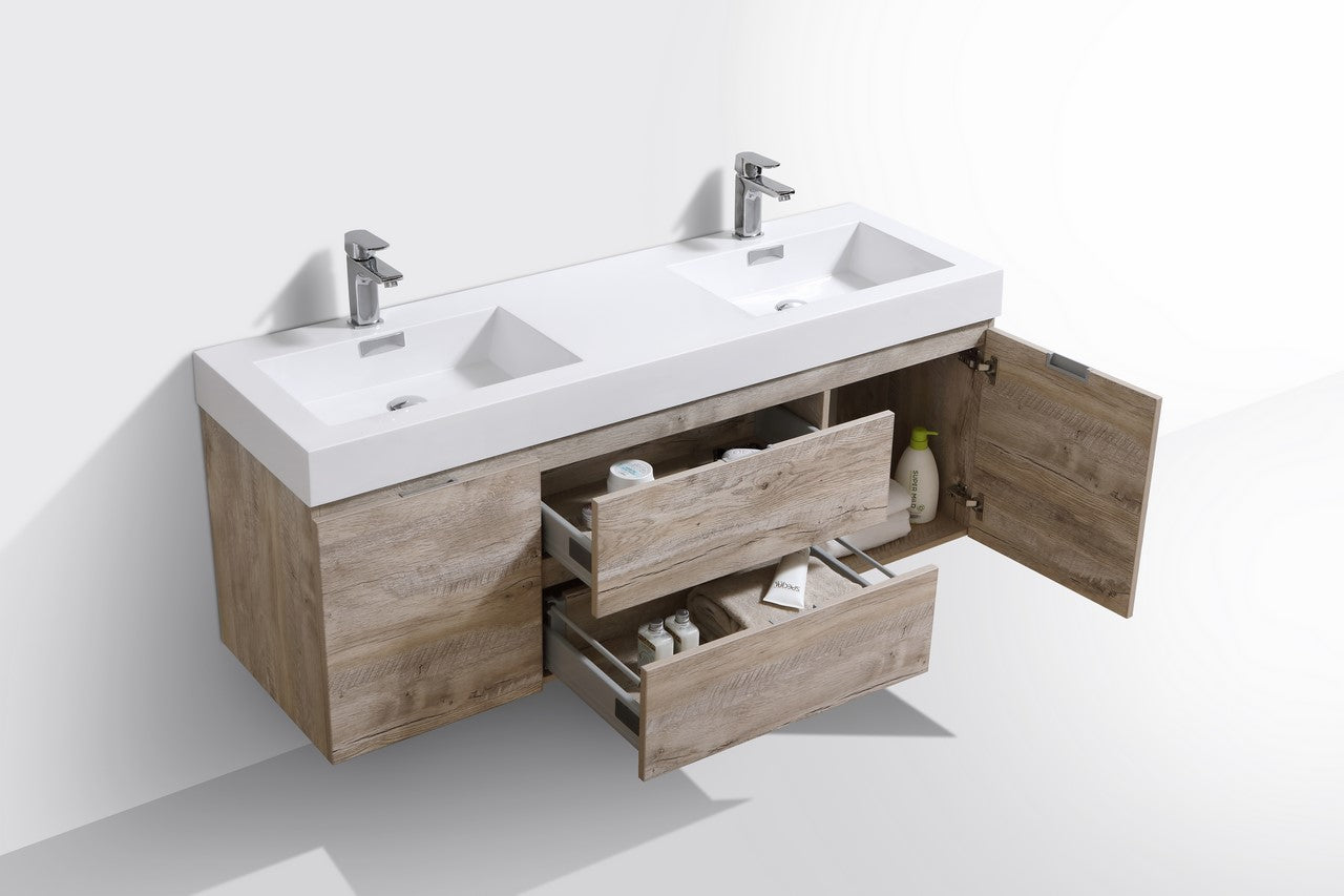 Bliss 60″ Inch Nature Wood Wall Mount Double Sink Modern Bathroom Vanity