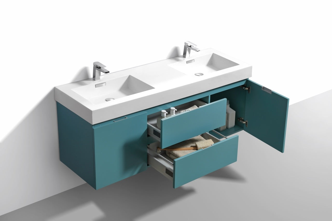 Bliss 60″ Inch Teal Green Wall Mount Double Sink Modern Bathroom Vanity