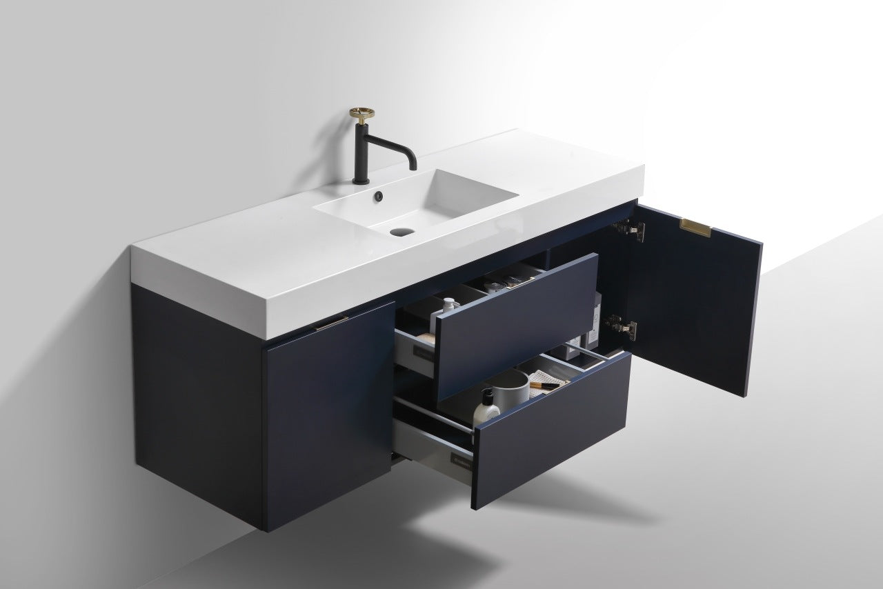Bliss 60″ Inch Navy Blue Wall Mount Single Sink Modern Bathroom Vanity